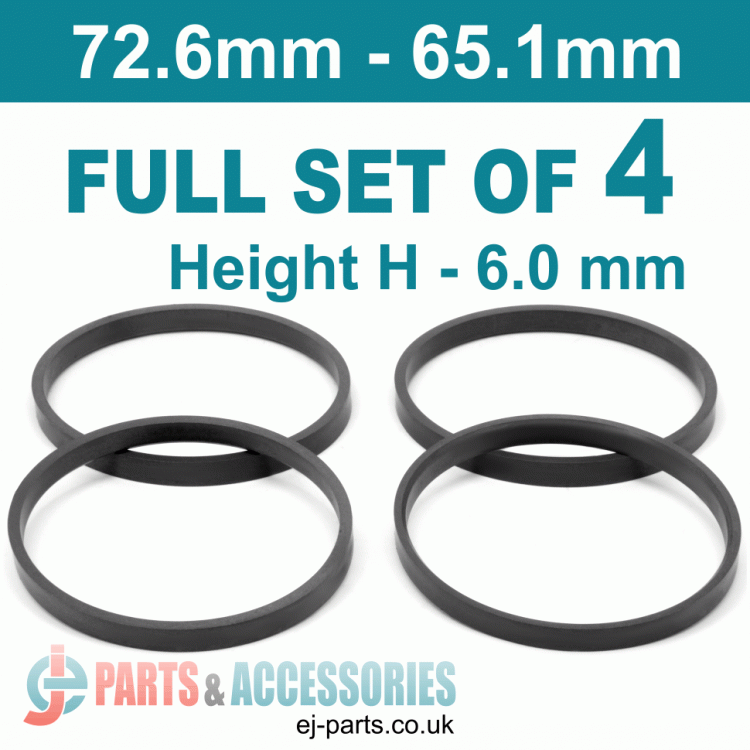 Spigot Rings / 72.6mm - 65.1mm / 6mm FULL SET OF (4) FOUR RINGS
