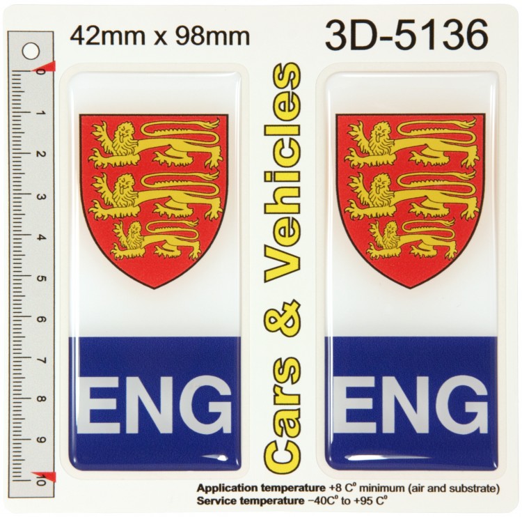 2x 42 x 98 mm ENG Number Plate Stickers Decals Badges England Three Lions Flag 3D Gel Domed
