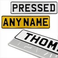 Pair White Yellow Oblong Small Pressed Number Plates Personalised Kids Car Moto ANY NAME