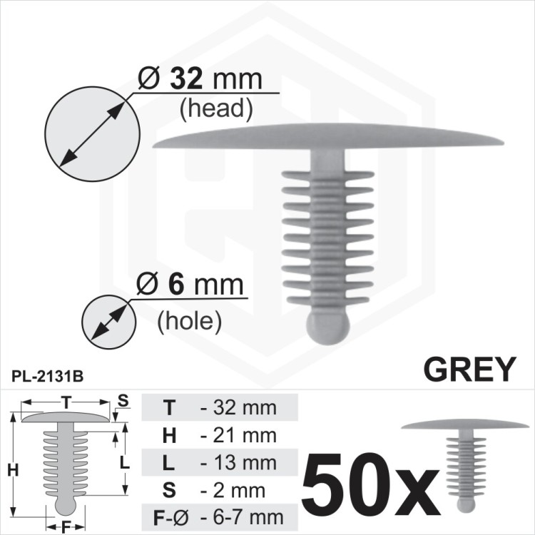 50 x Grey Plastic Fir Tree Trim Clips 6 mm Hole 32mm Head Car Interior Dashboard