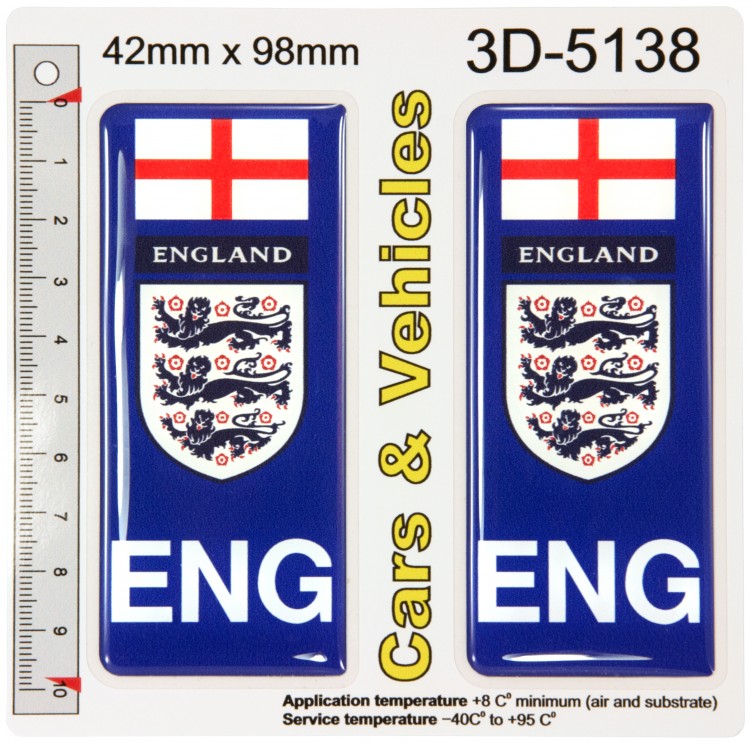 2x 42 x 98 mm ENG England Number Plate Blue Sticker Decal Badge 3D Gel Resin