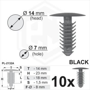 Black Plastic Fir Tree Trim Clips 7mm Hole, 14mm Head Car Arch Liner Panel