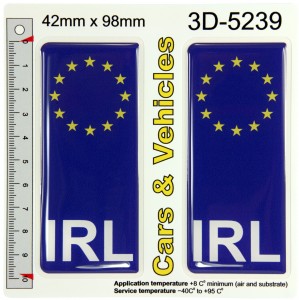 2x 42 x 98 mm IRL Ireland European stars blue Domed Car Number Plate Stickers Badges Decals