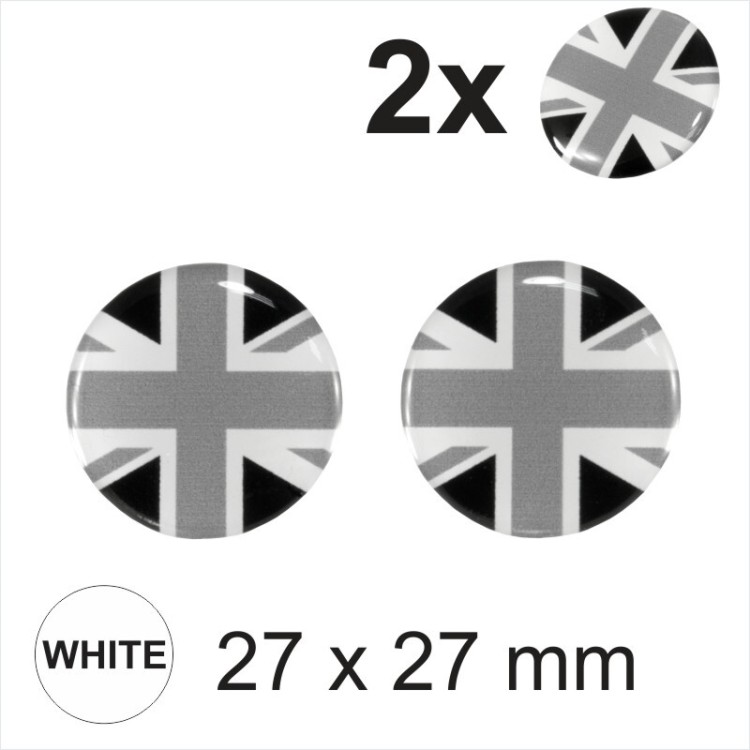 2x 27 mm Grey Diameter UNION JACK FLAG Round Sticker Gloss Domed Gel Resin UK