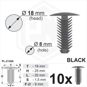 Black Plastic Fir Tree Trim Clips 8mm Hole 18mm Head panel lining Fits VW