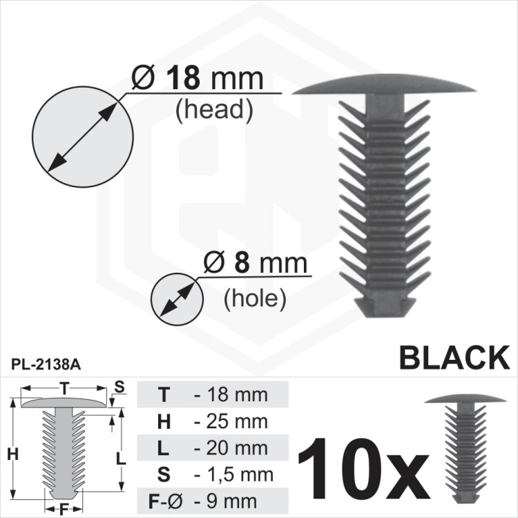 Black Plastic Fir Tree Trim Clips 8mm Hole 18mm Head panel lining Fits VW