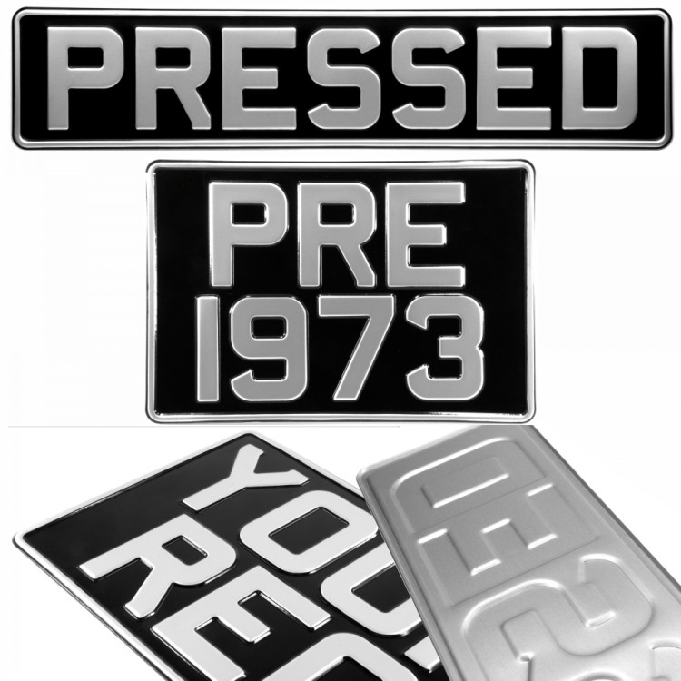SET OF 2 Oblong square Black and Silver Pressed Number Plates Car Metal Classic Aluminium +10 STICKY