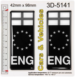 2x 42 x 98 mm ENG Black EU stars Flag England Gel Domed Number Plate Stickers Badges Decals