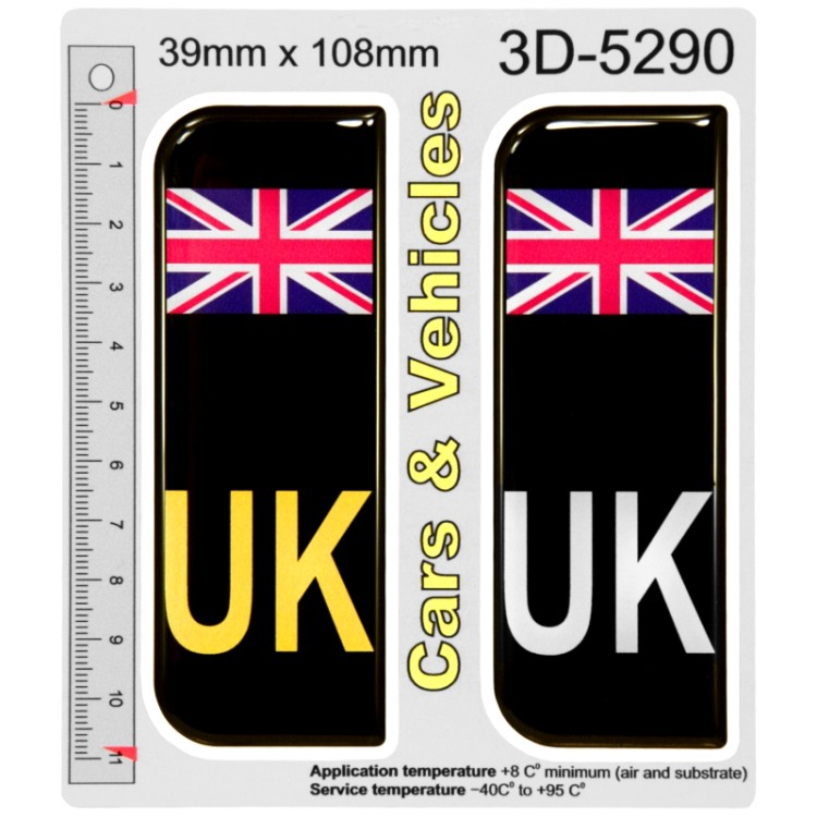 2x 39mm x 108mm UK Black Car Vehicle Stickers Domed Badges For Acrylic Plastic Number plates