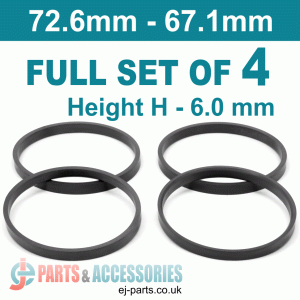 Spigot Rings / 72.6mm - 67.1mm / 6mm FULL SET OF (4) FOUR RINGS Spigot Rings / 72.6mm - 67.1mm / 6mm FULL SET OF (4) FOUR RINGS Hub Centric Rings  Alloy Wheels Spigot Rings (Centre Rings)