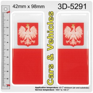 2x 42mm x 98mm Poland Polska Flag White-Red Domed Number Plate Stickers Badge Decals
