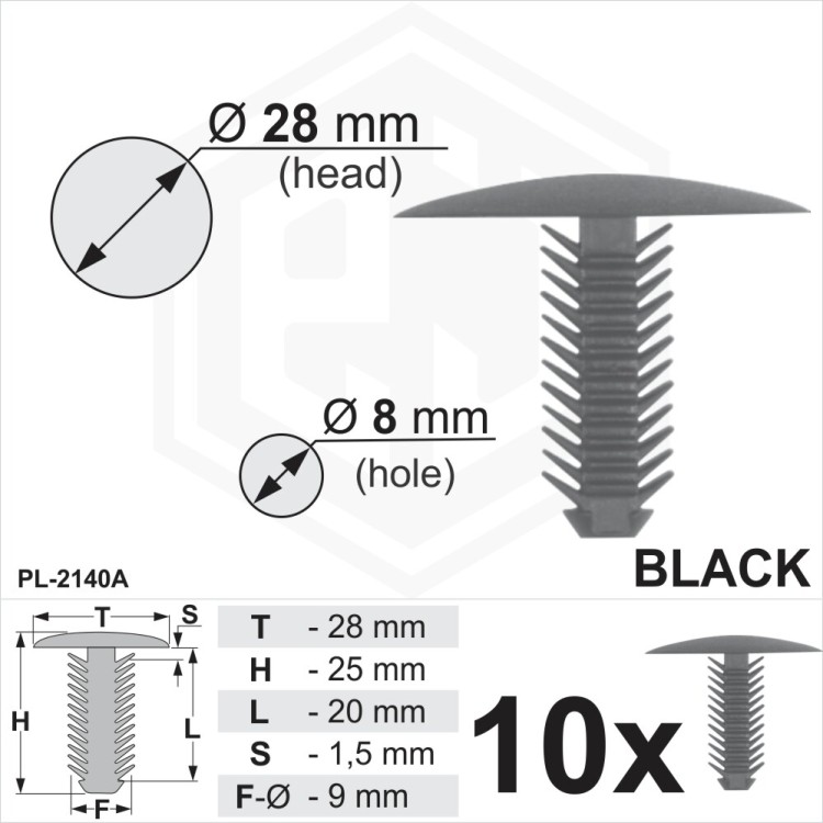 Black Plastic Fir Tree Trim Clips 8mm Hole, 28mm Head Car Van Panel Fixings