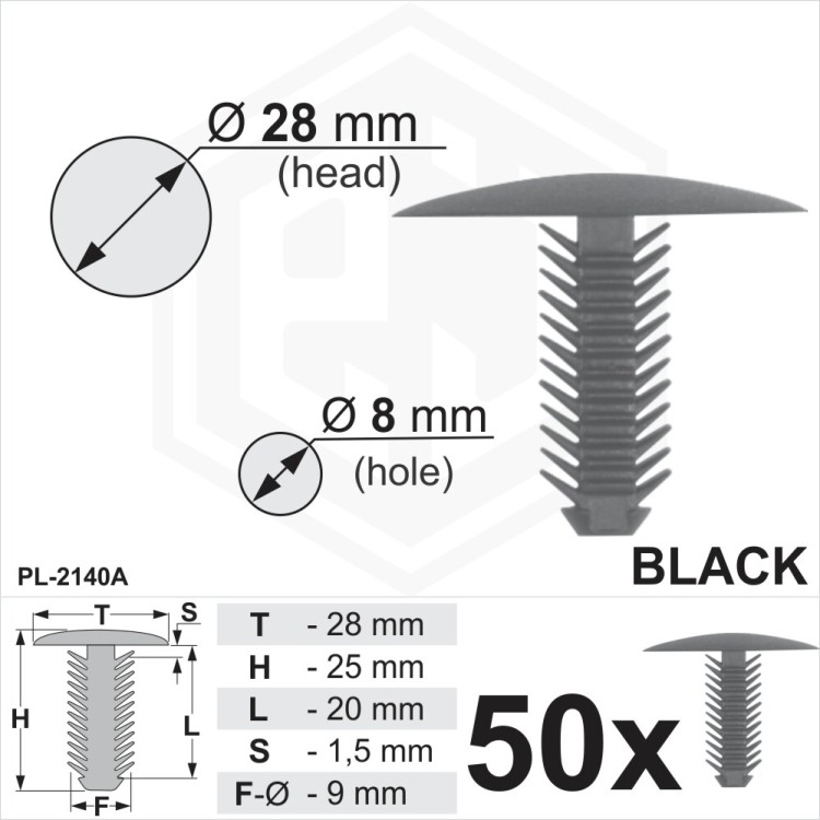 Black Plastic Fir Tree Trim Clips 8mm Hole, 28mm Head Car Van Panel Fixings