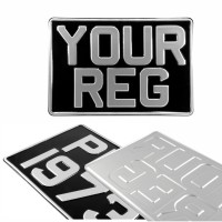 1 ONE SQUARE 300x200 Black and Silver Classic Pressed Number Plate +5 STICKY PADS