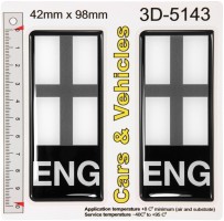 2x 42 x 98 mm ENG St. George Flags Black Gel Domed Number Plate Side Stickers Badges Decals