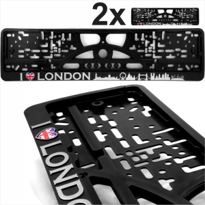 2x Black Number Plate Surrounds Holder Chrome LONDON gel GB Union Jack heart