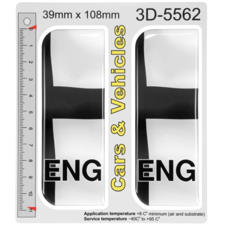 2 x ENG England Black Cross 3D Domed Gel Number Plate Badges – 39 x 108 mm – Black & White St George Style Self Adhesive Resin Car Registration Plate Stickers