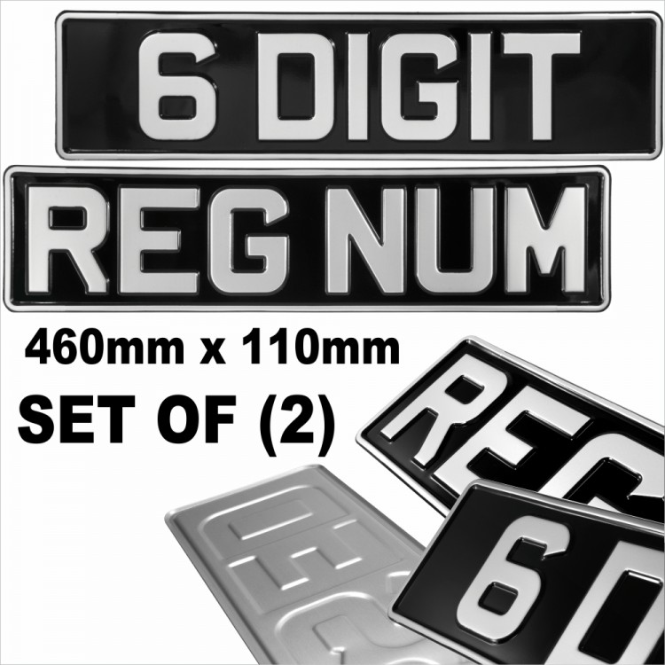  6 Digit Short 460x110 Black and Silver Classic Pressed number plates metal UK Road Legal +10 STICKY PADS