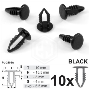 10 x Black Plastic Fir Tree Trim Clips 5mm Hole, 10mm Head Car Universal Plugs