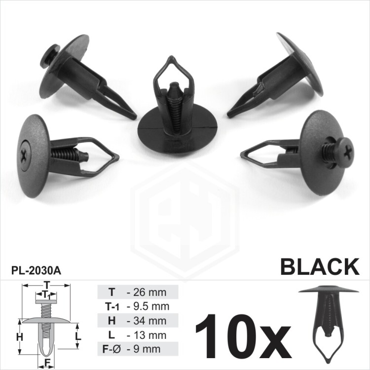 Car Black Plastic Screw fit Rivet Trim Panel Fastener Clips 9mm Dia Hole