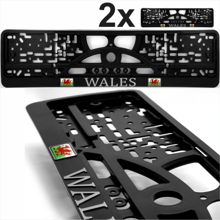 2x Black Number Plate Surrounds Holder Chrome WALES gel CYM WALES DRAGON FLAGS