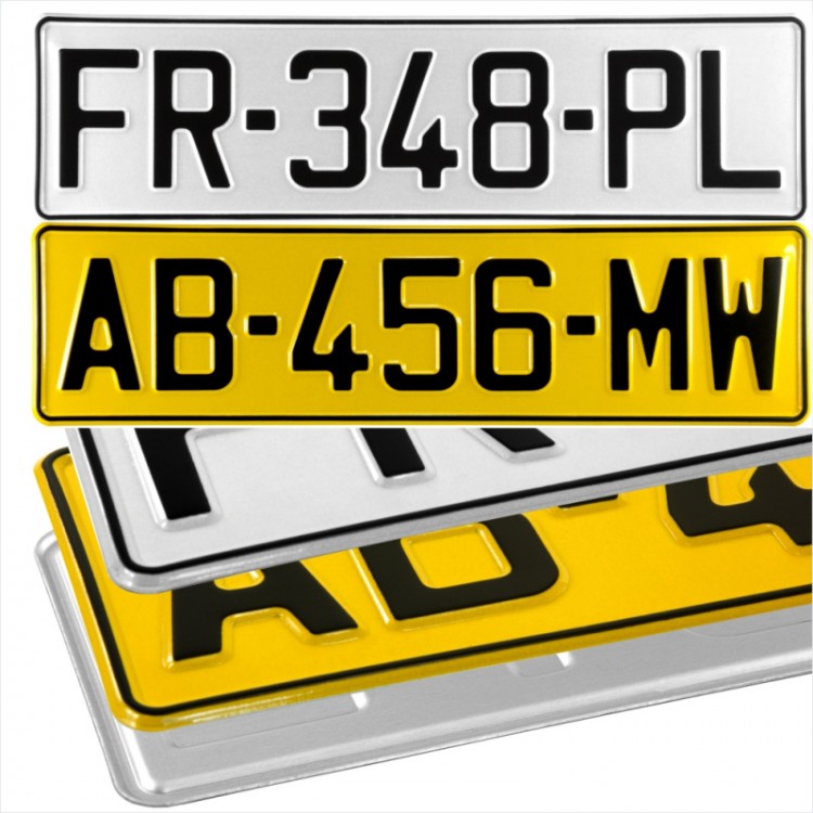 2x France French Style Font White and Yellow Pressed Number Plates Novelty 420mm x 110mm