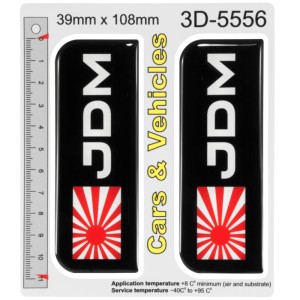 2 x JDM Japanese Rising Sun 3D Domed Gel Number Plate Badges – 39 x 108 mm – Black Self Adhesive Resin Car Registration Plate Stickers with Japan Flag Design
