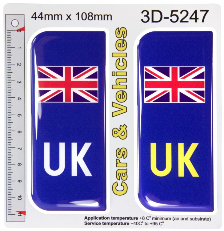 2x 44 x 108 mm UK Blue Union Jack Flag Number Plate Side Stickers 3D Gel Domed Decals Badges