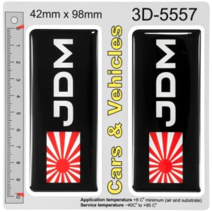 2 x JDM Japanese Rising Sun 3D Domed Gel Number Plate Badges – 42 x 98 mm – Black Self Adhesive Resin Car Registration Plate Stickers with Japan Flag Design