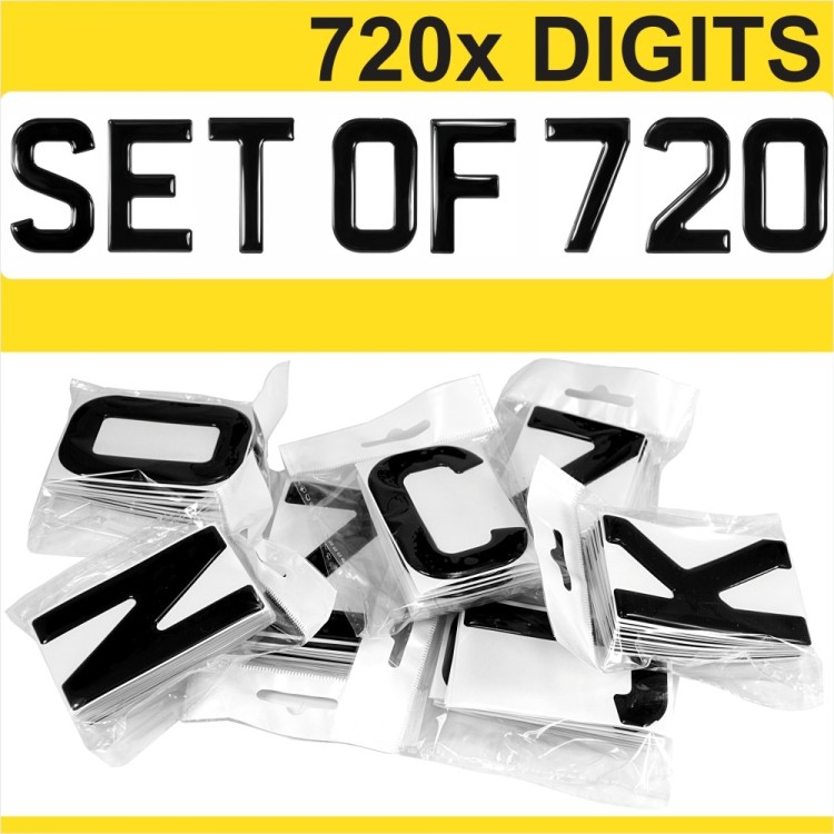 3d Gel Number Plates REG Black Domed Resin digit characters letters Set Kit x720
