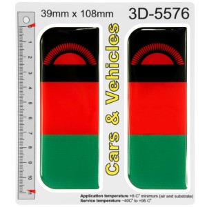 2 x Malawi Flag 3D Domed Gel Number Plate Badges – 39 x 108 mm – Black Red Green African Rising Sun Design – Self Adhesive Resin Car Registration Plate Stickers