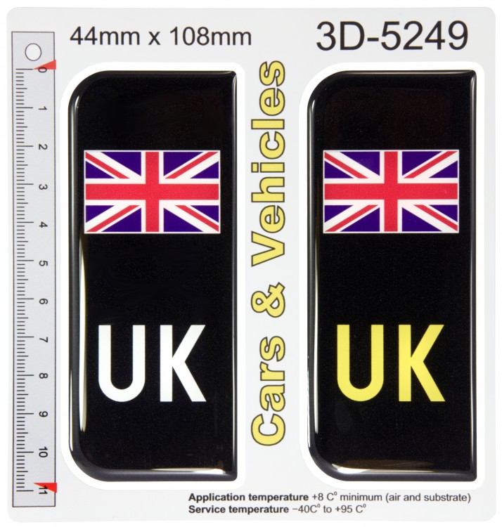 2x 44 x 108 mm UK Black Union Jack Car Number Plate Stickers 3D Gel Domed Badges Rear &, EU