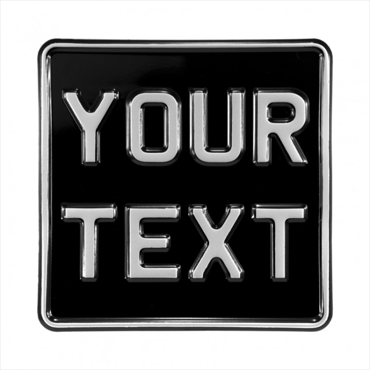 6.5x6.5 BLACK and SILVER Single (1) personalised Toy Kids Car Motorcycle Pressed TEXT Novelty Plate 165x165 mm