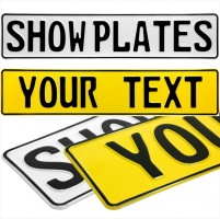 2x German Style Font White and Yellow Pressed Number Plates Novelty 520mm x 110mm
