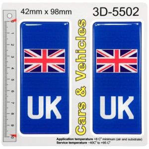 2x 42mm x 98mm UK Union Jack Flag 3D Gel Resin Number Plate Stickers Decals Badges Domed