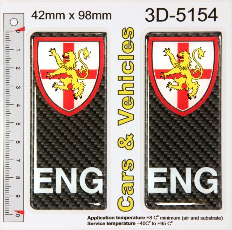 2x 42 x 98 mm ENG Carbon St George Cross Lion flag Domed Number Plate Stickers Badges Decal