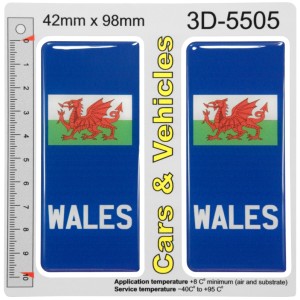 2x 42mm x 98mm WALES Flag Number Plate Stickers Decals Badges Resin Dome