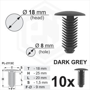 Dark Grey Fir Tree Trim Clips 8mm Hole, 18mm Head Panel lining Fits for VW