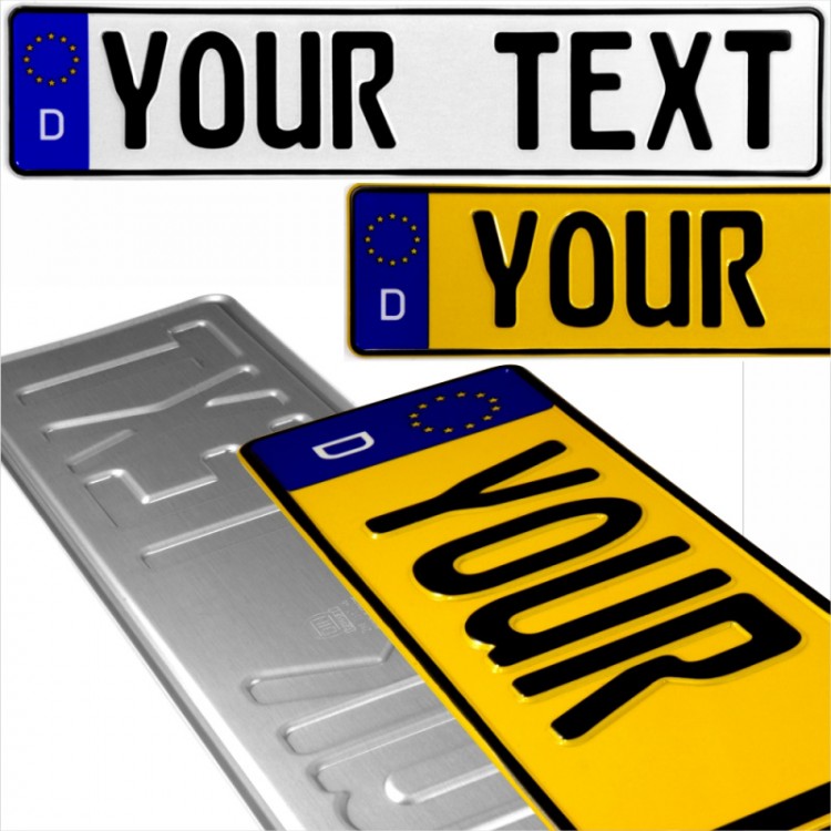 2x D Badge German Style Font White and Yellow Pressed Number Plates Novelty 520mm x 110mm