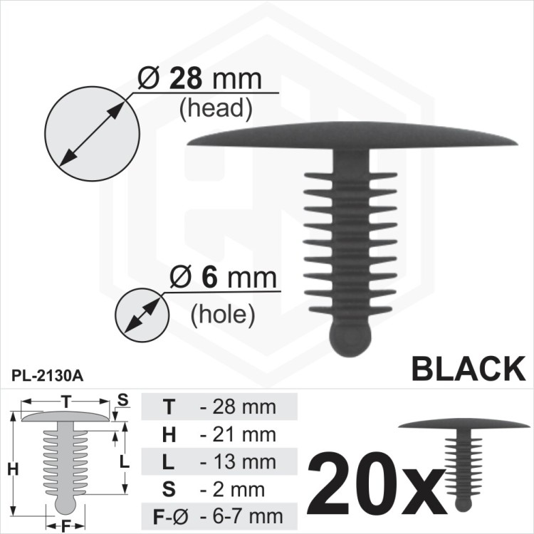 Black Plastic Fir Tree Push In Spruce Trim Clips 6mm Hole, 28mm Head Car Van