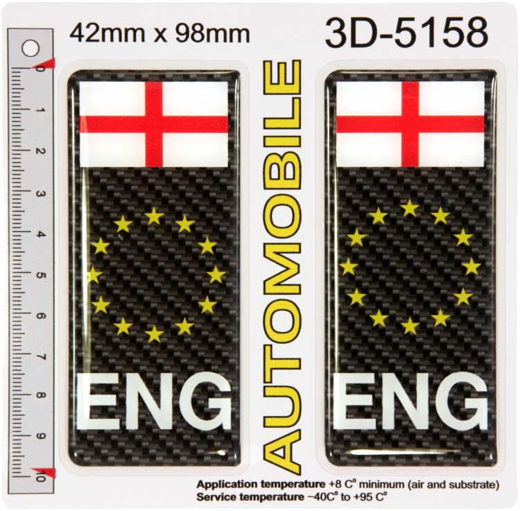 2x 42 x 98 mm ENG England CARBON Euro EU Stars Domed Number Plate Stickers Badges Decals