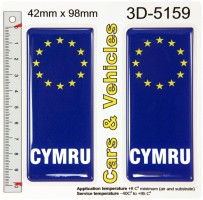 2x 42 x 98 mm CYMRU Blue Euro EU Stars 3D Domed License Number Plate Stickers Badges Decals
