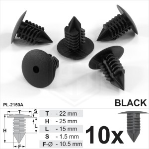 Black Plastic Fir Tree Trim Clips 10mm Hole 22mm Head Fastener Push Button