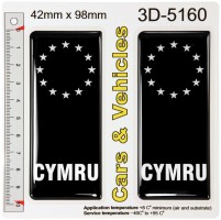 2x 42 x 98 mm CYMRU Black Euro EU ES Stars 3D Gel Domed Number Plate Stickers Badges Decals