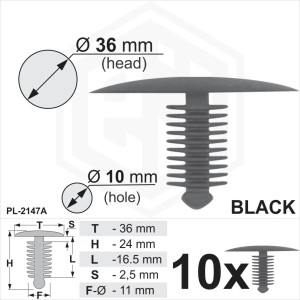 Black Plastic Fir Tree Trim Clips 10mm Hole 36mm Head Car Fasteners Fixings