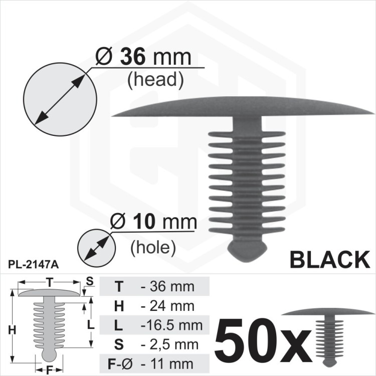 Black Plastic Fir Tree Trim Clips 10mm Hole 36mm Head Car Fasteners Fixings