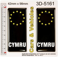 2x 42 x 98 mm CYMRU Black Euro Stars 3D Gel Domed Number Plate Stickers Side Badges Decals