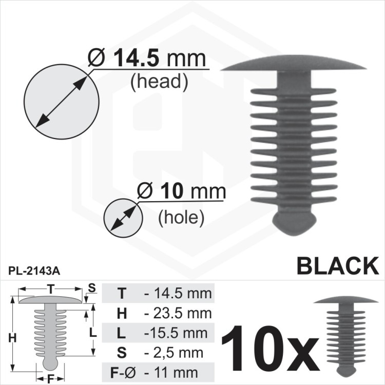 Black Plastic Fir Tree Trim Clips 10mm Hole, 14.5mm Head Car Vehicle Fixings
