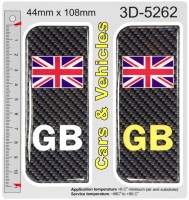 2x 44 x 108 mm GB Carbon Rear &, Union Jack Car Van Number Plate Sticker 3D Gel Domed Badges