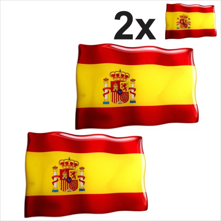 2x Spain Spanish Espanol waving flags España 3D Domed Gel STICKER Resin Badge